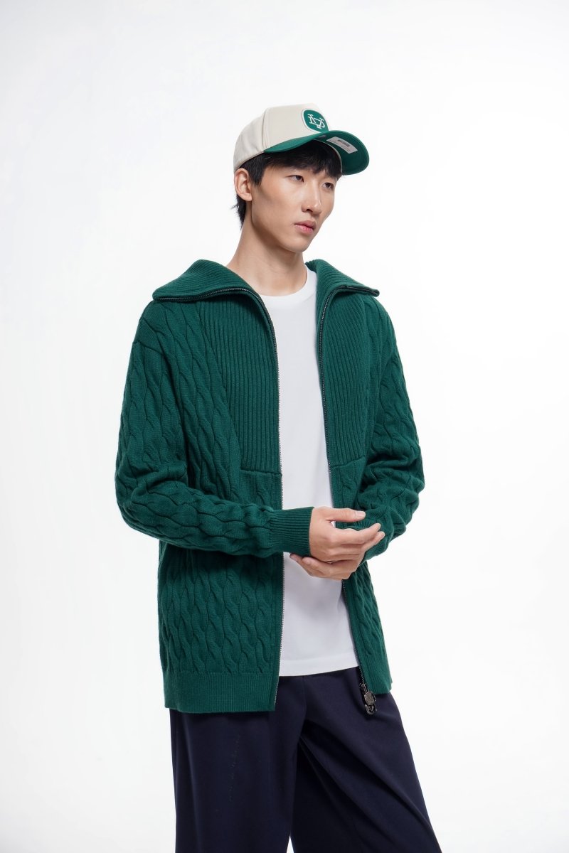 Domus Cable Knit Jacket – Green (Cashmere Blend) - Valabasas