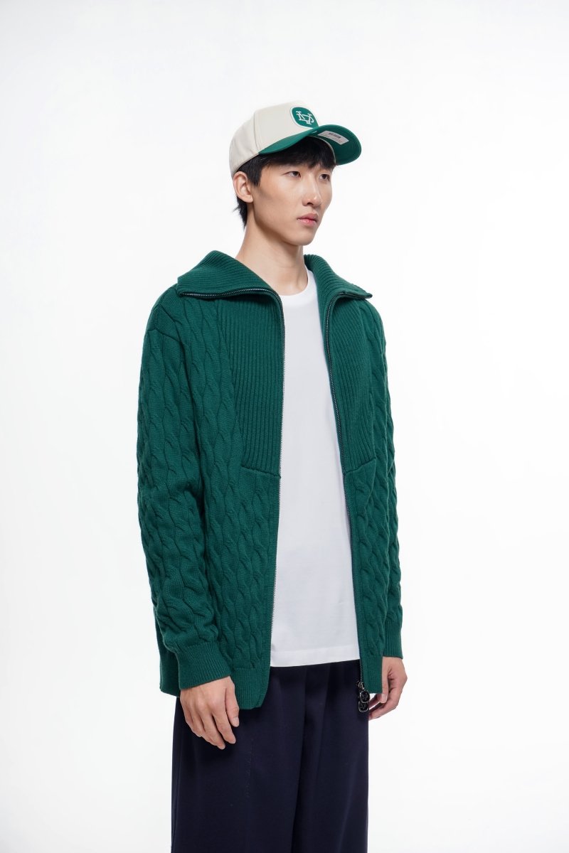 Domus Cable Knit Jacket – Green (Cashmere Blend) - Valabasas