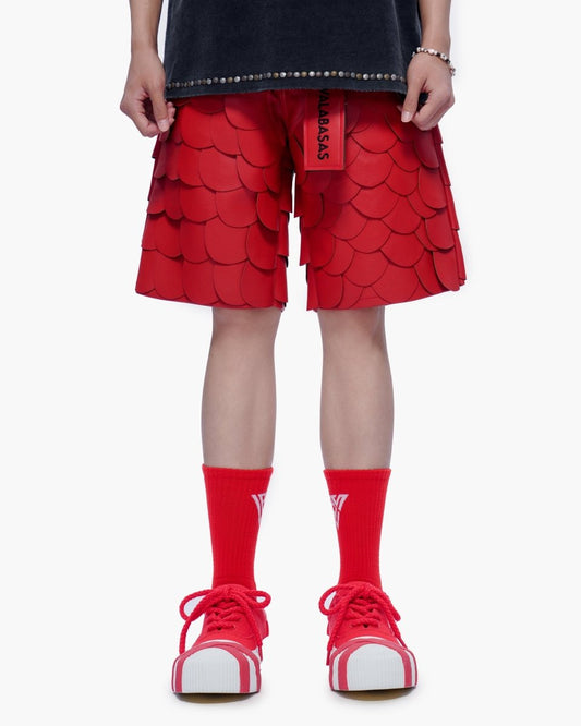 Dragon Scales Leather Shorts Red - Valabasas