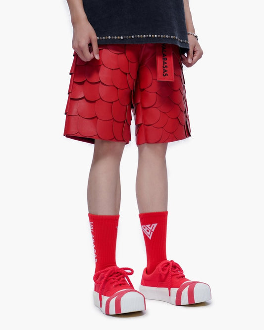 Dragon Scales Leather Shorts Red - Valabasas