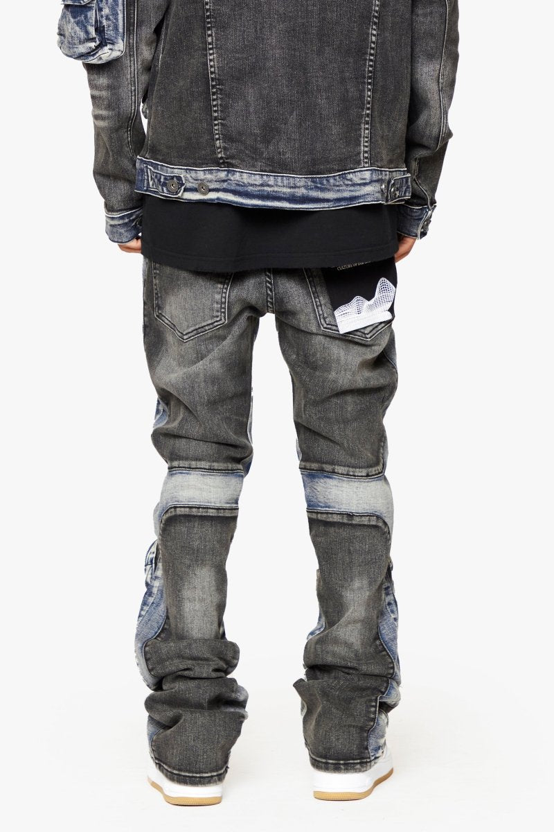 "DUAL SOLDIER" BLACK BLUE STACKED FLARE JEAN