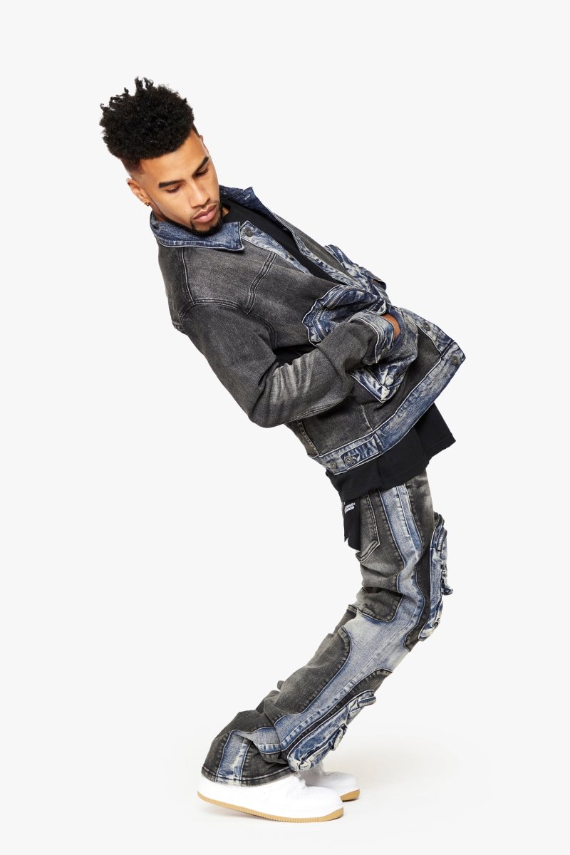 "DUAL SOLDIER" BLACK BLUE STACKED FLARE JEAN