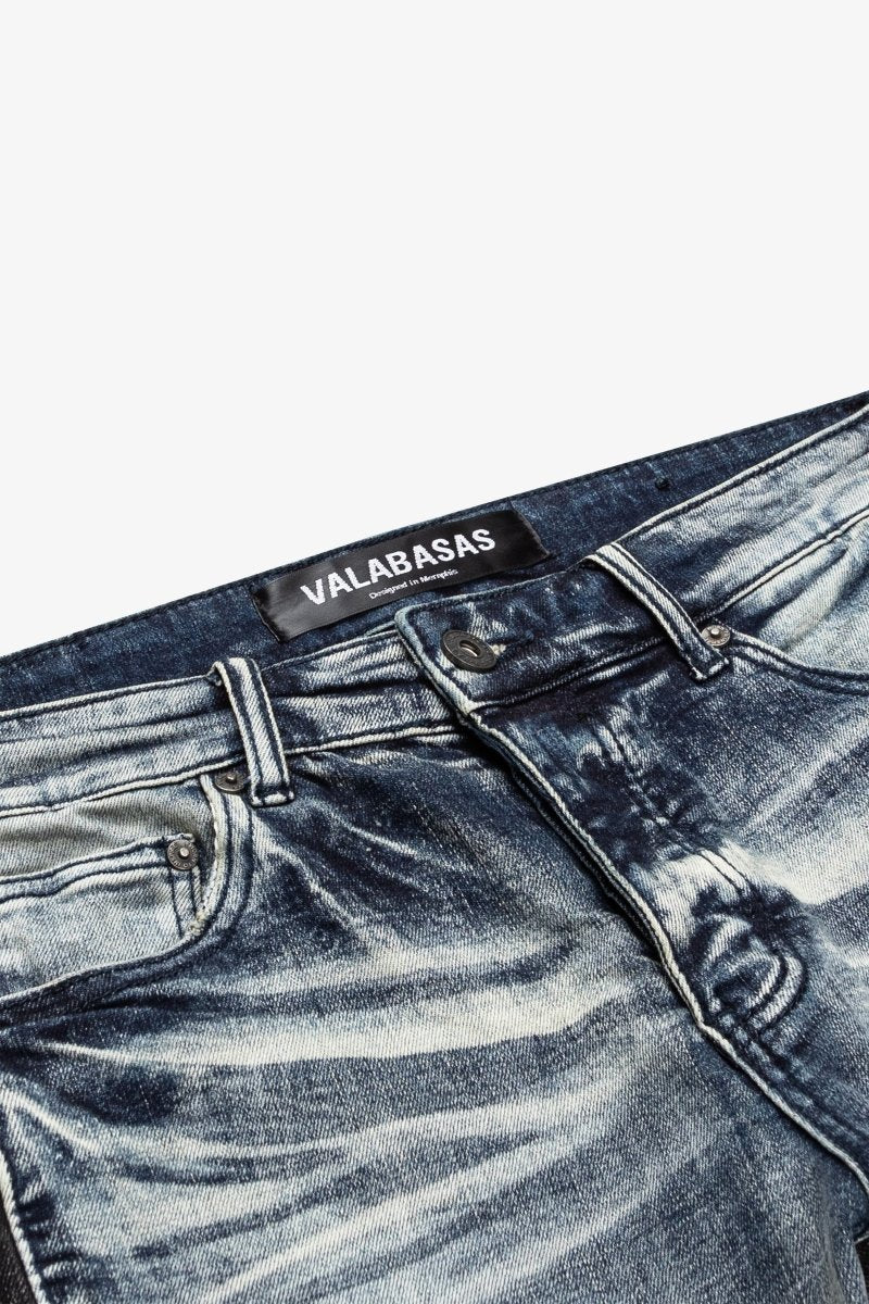 "DUAL SOLDIER" BLUE BLACK WASH STACKED FLARE JEAN