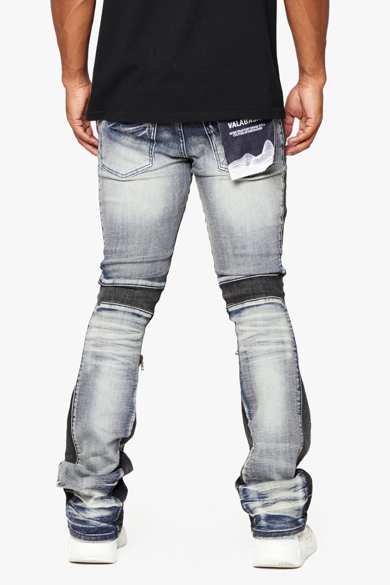 "DUAL SOLDIER" BLUE BLACK WASH STACKED FLARE JEAN