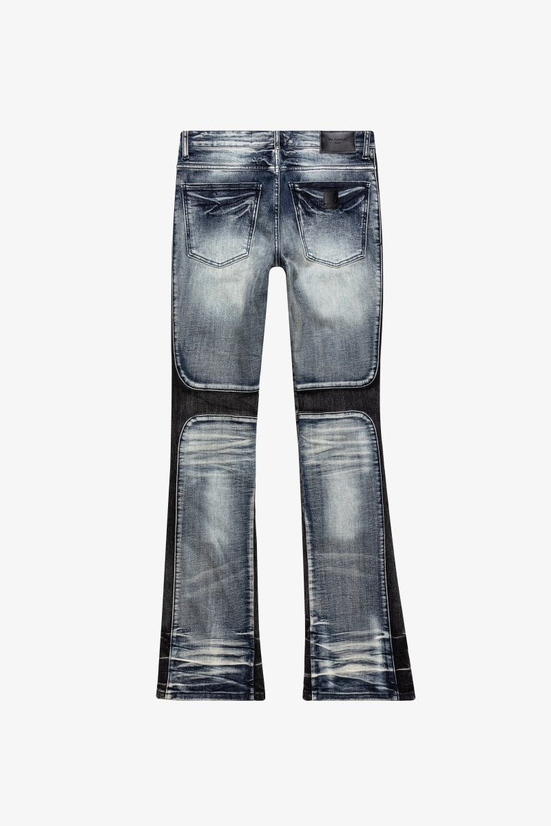 "DUAL SOLDIER" BLUE BLACK WASH STACKED FLARE JEAN