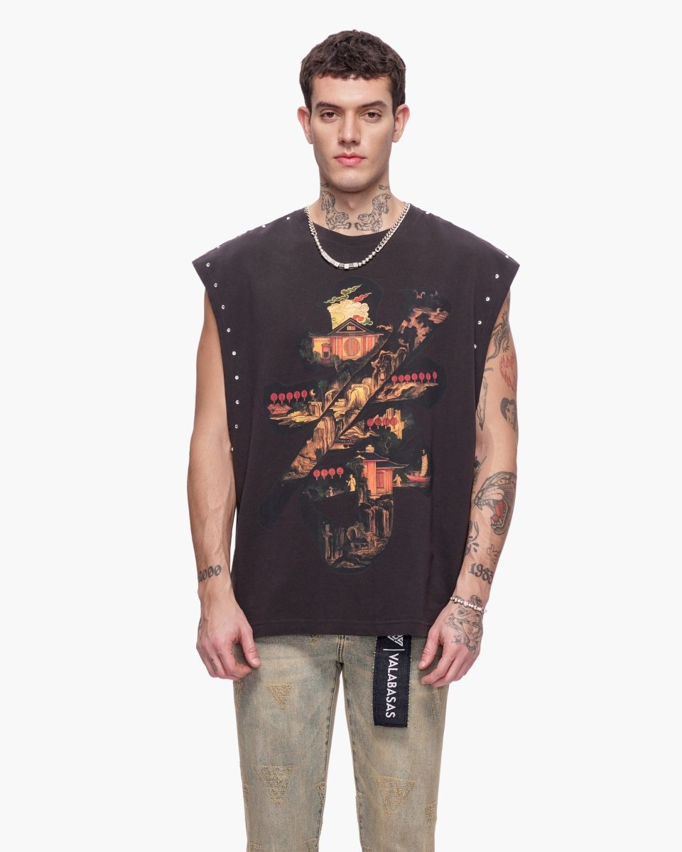 Ember Glyph Cut Off Tee Washed Black - Valabasas
