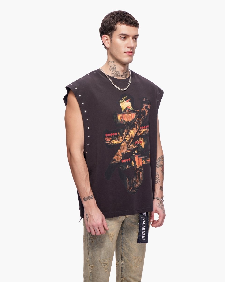Ember Glyph Cut Off Tee Washed Black - Valabasas