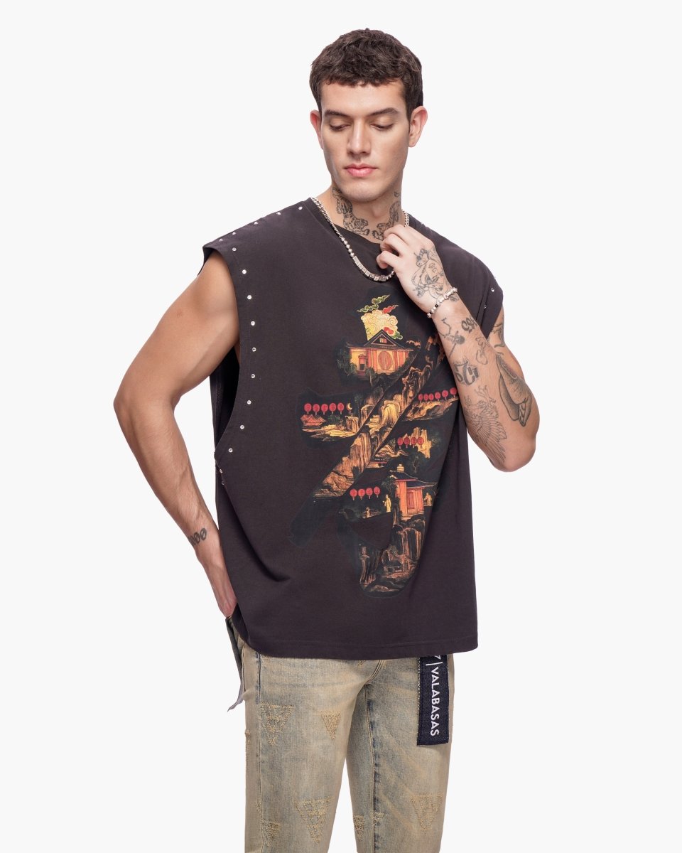 Ember Glyph Cut Off Tee Washed Black - Valabasas