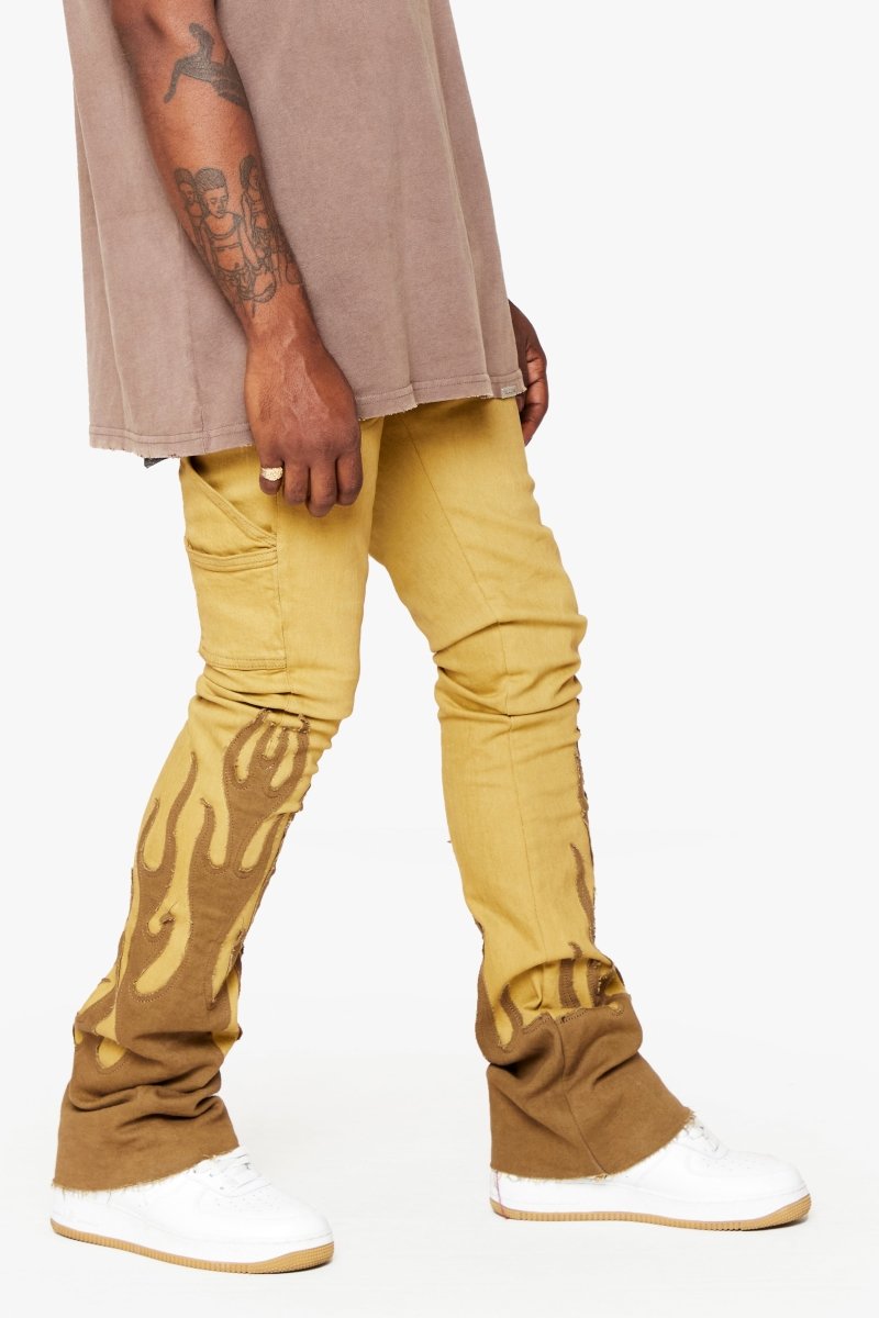 "FLAME” STACKED FLARE JEAN KHAKI BLUE - Valabasas