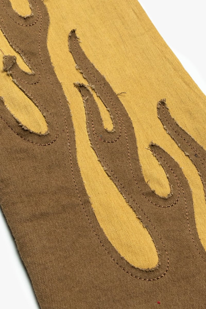 "FLAME” KHAKI BLUE STACKED FLARE JEAN