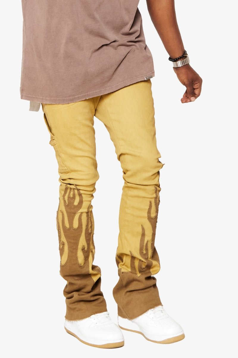 "FLAME” STACKED FLARE JEAN KHAKI BLUE - Valabasas