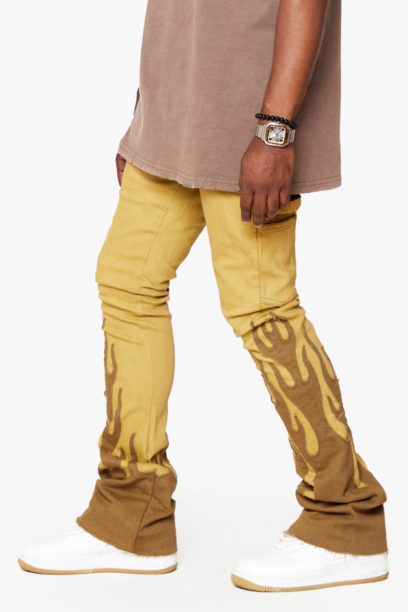 "FLAME” STACKED FLARE JEAN KHAKI BLUE - Valabasas