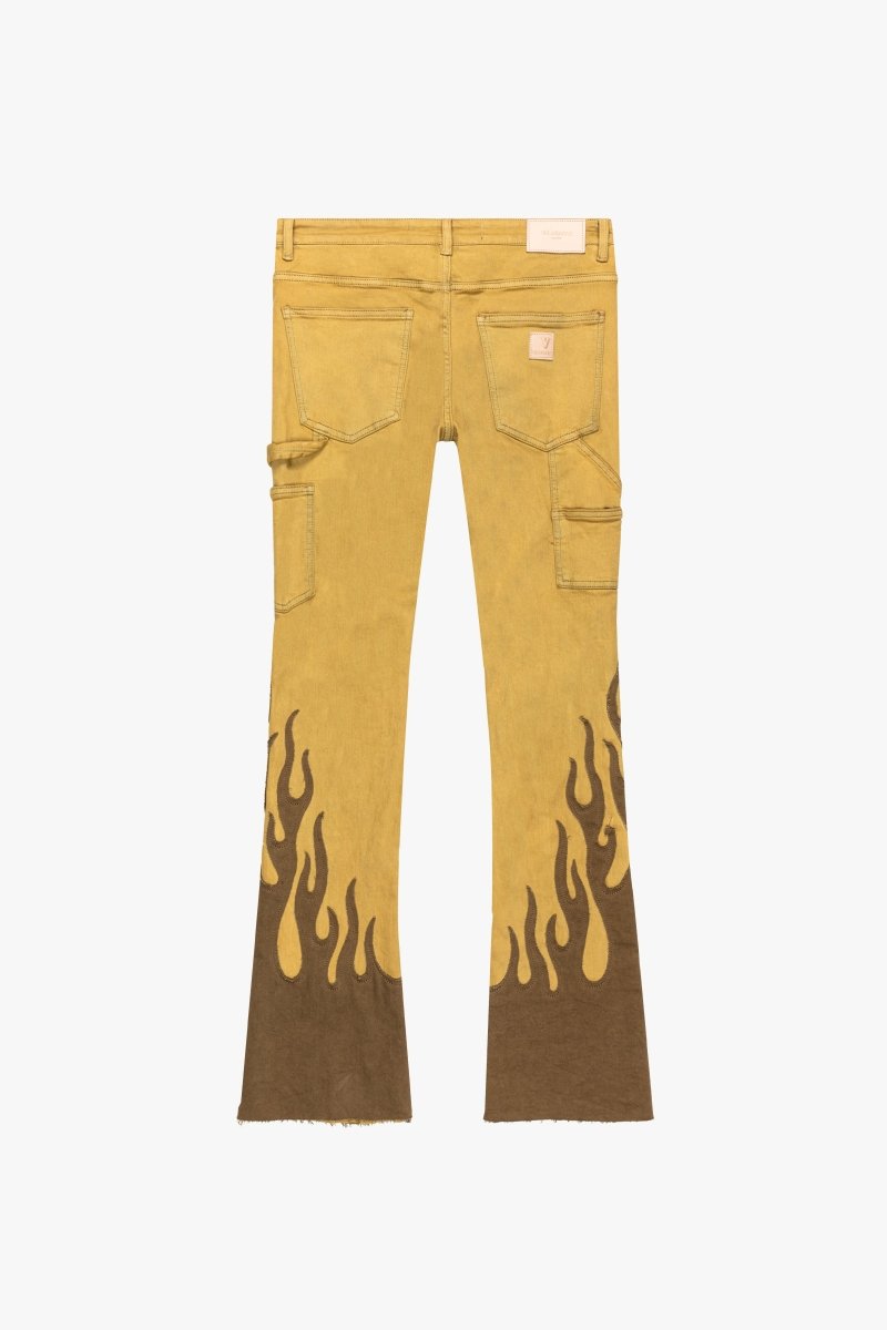 "FLAME” KHAKI BLUE STACKED FLARE JEAN