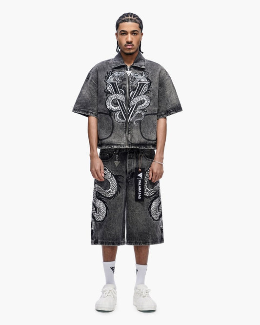 Frostscale Denim Short Sleeve Zip Up Grey Wash - Valabasas