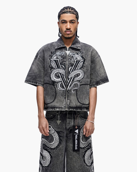 Frostscale Denim Short Sleeve Zip Up Grey Wash - Valabasas