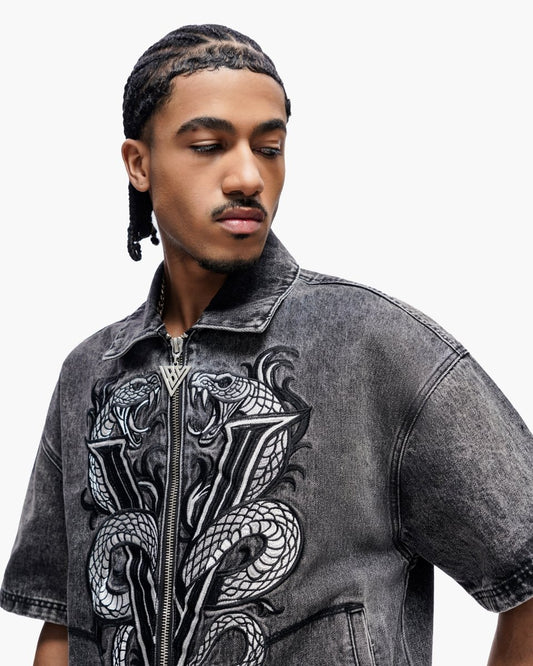 Frostscale Denim Short Sleeve Zip Up Grey Wash - Valabasas