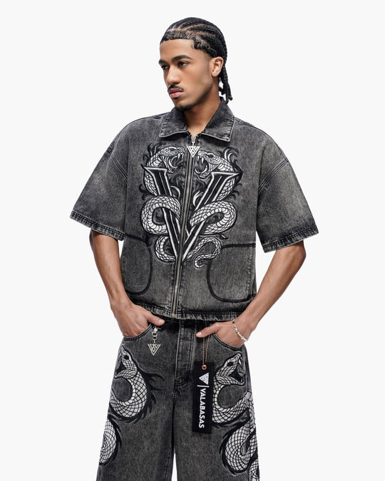 Frostscale Denim Short Sleeve Zip Up Grey Wash - Valabasas