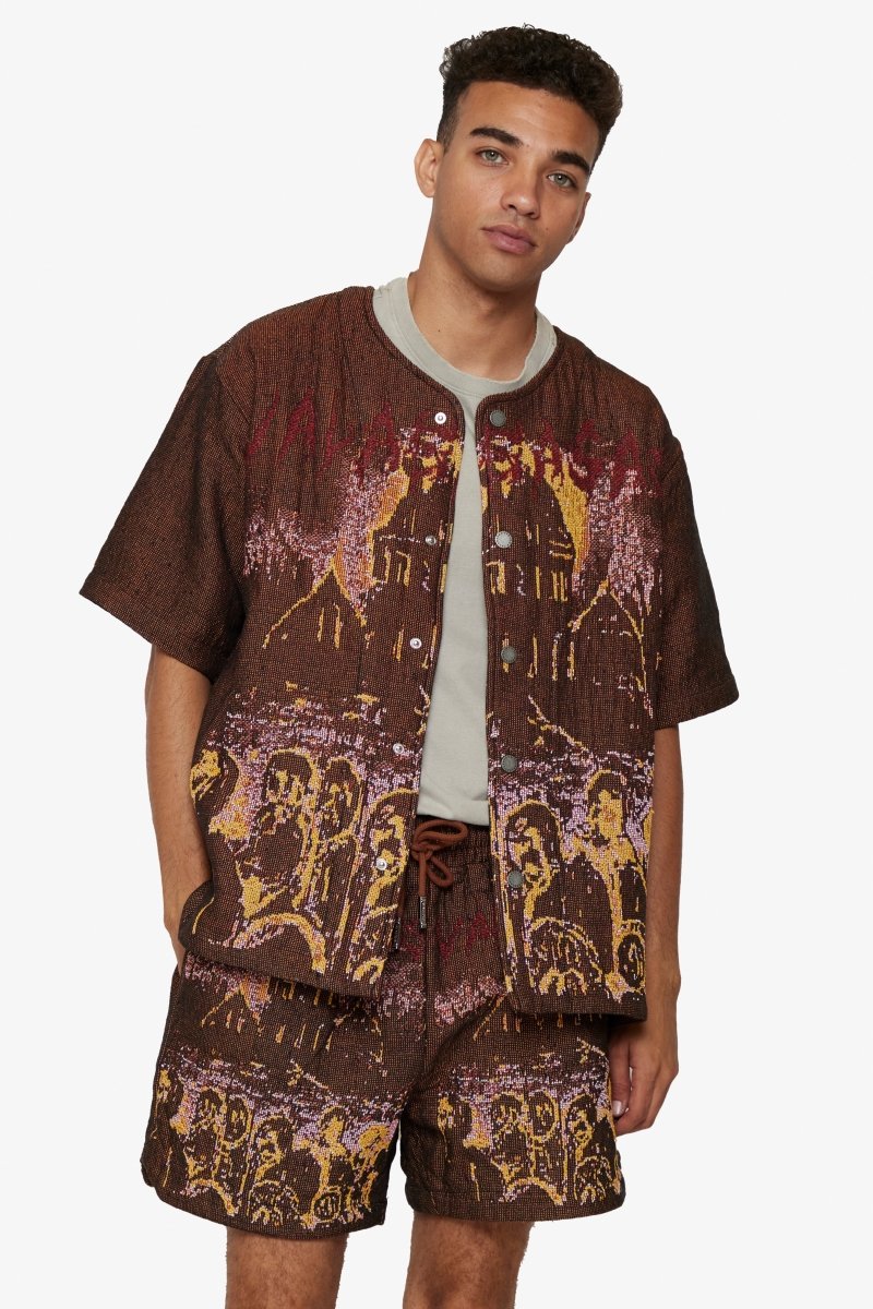 "GHOST HANDS" BROWN TAPESTRY BUTTON UP