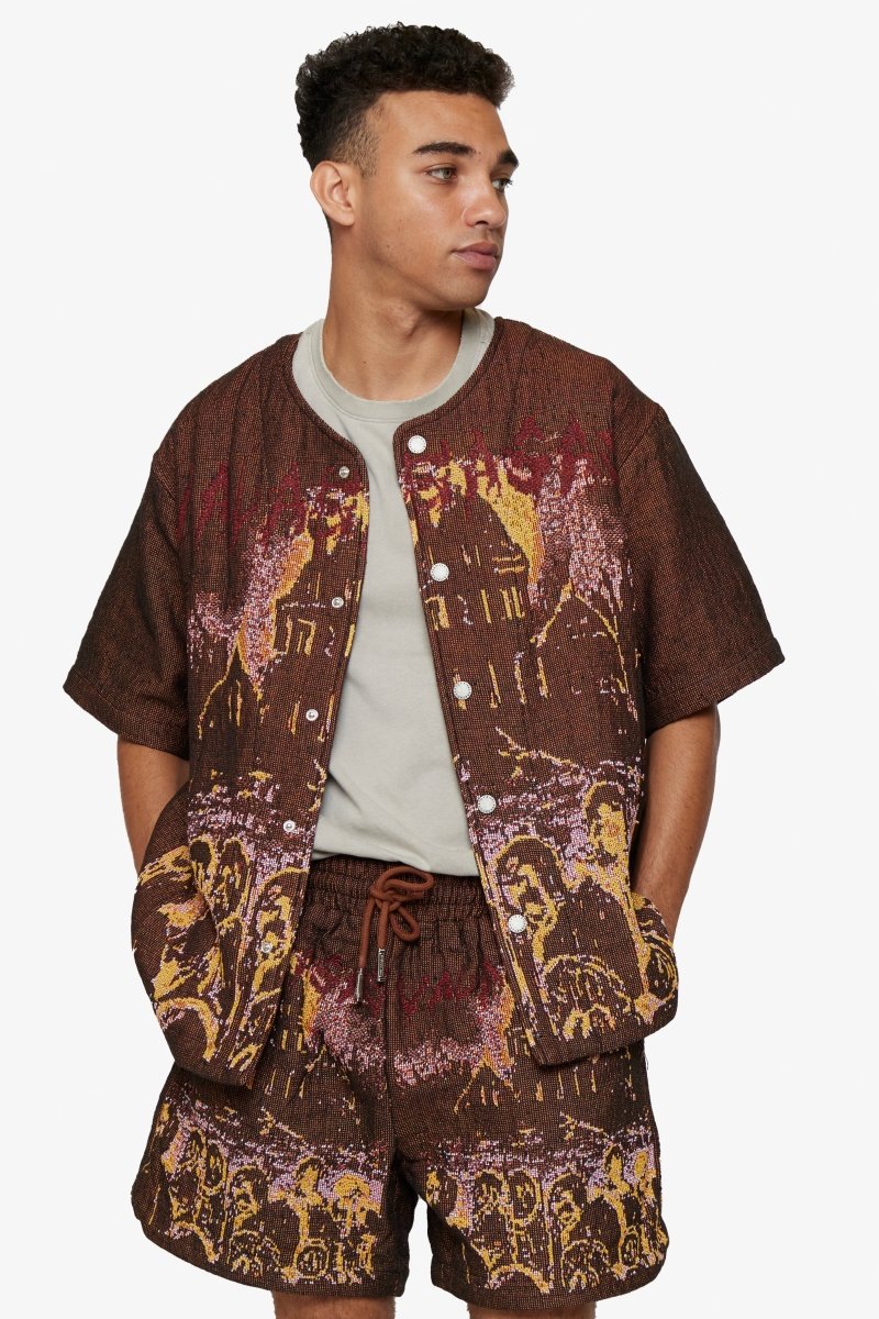 "GHOST HANDS" BROWN TAPESTRY BUTTON UP