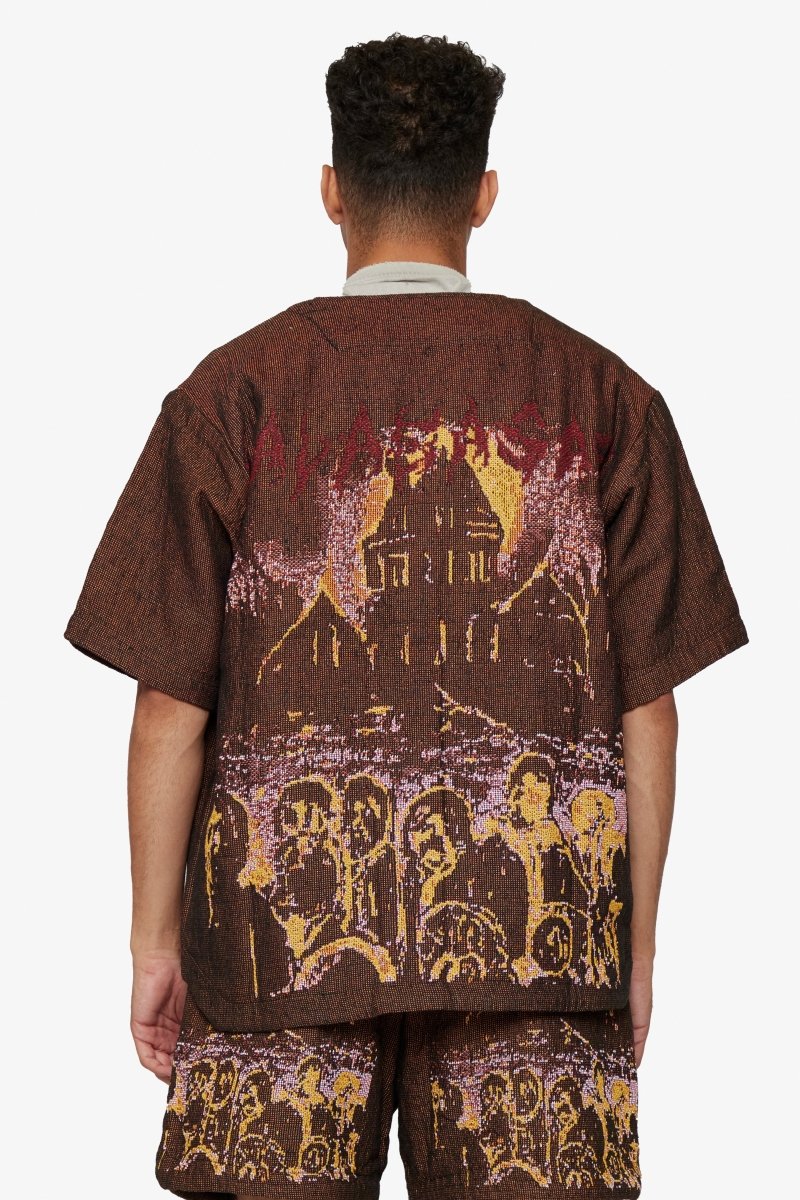 "GHOST HANDS" BROWN TAPESTRY BUTTON UP