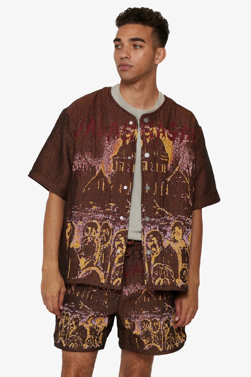 "GHOST HANDS" BROWN TAPESTRY BUTTON UP