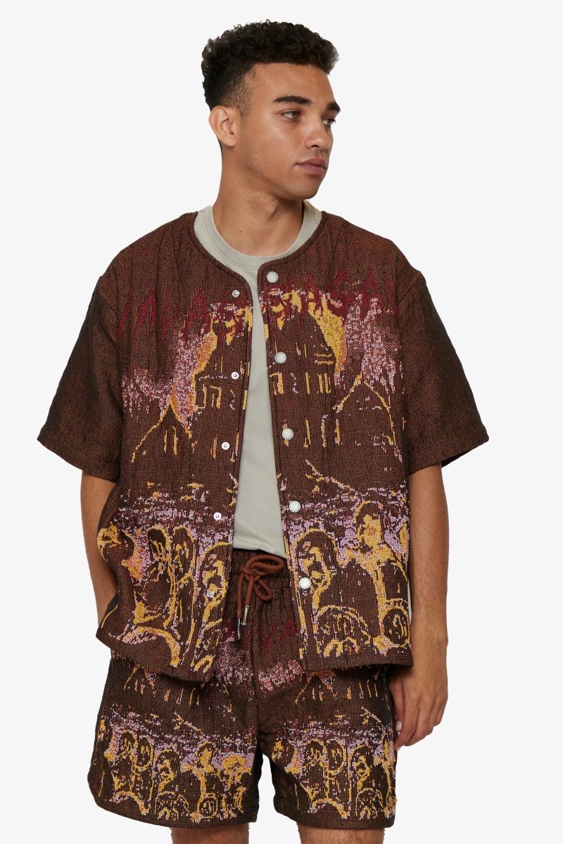 "GHOST HANDS" TAPESTRY BUTTON UP BROWN - Valabasas