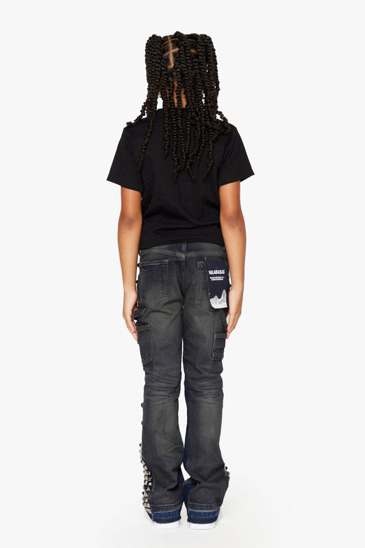 “GLAZ” DK. BLUE WASH KIDS STACKED FLARE DENIM - Valabasas