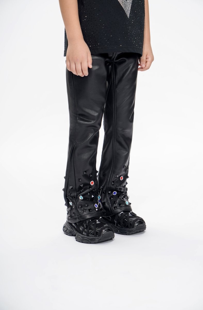 Ion Kids Black Leather Stacked jean - Valabasas