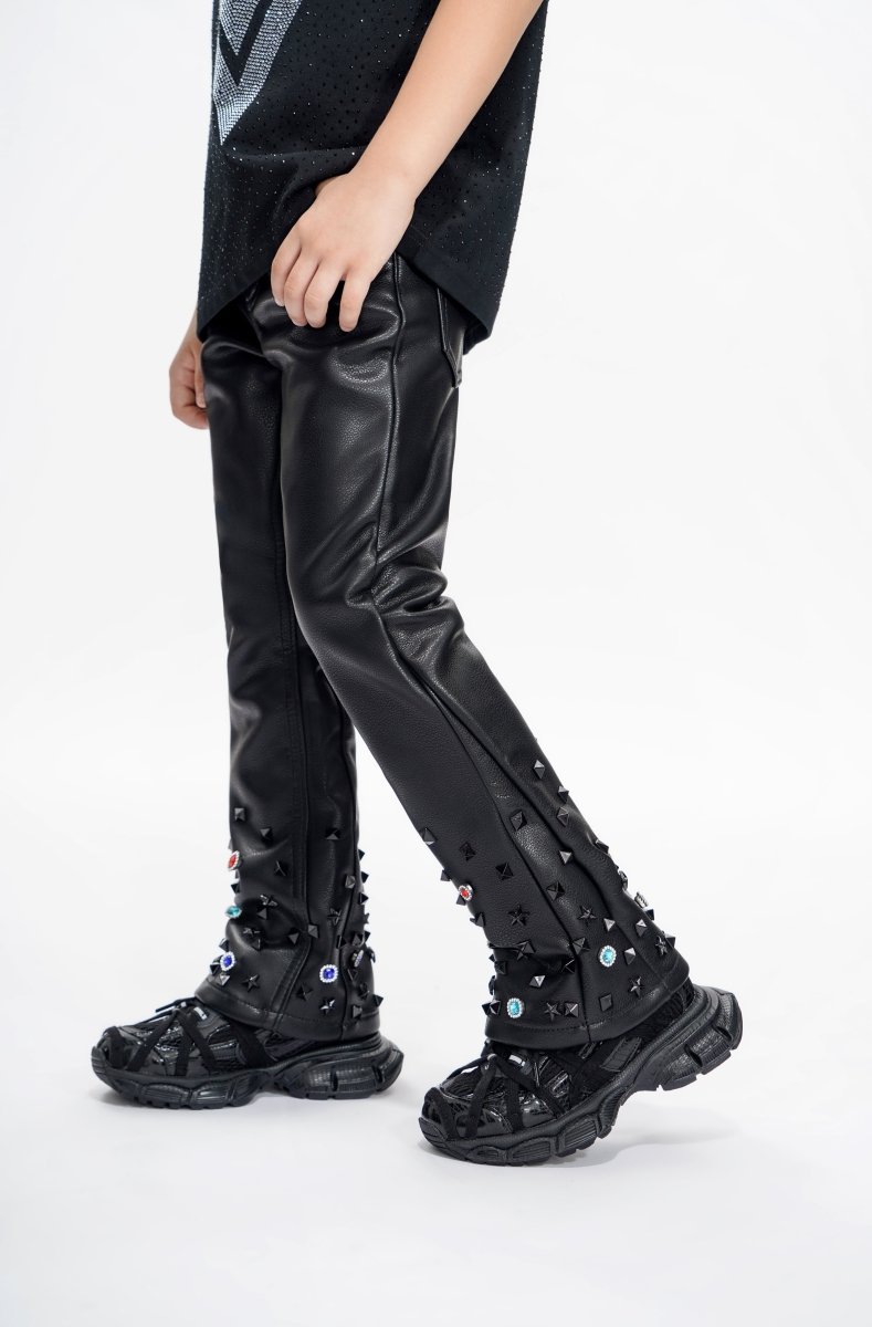 Ion Kids Black Leather Stacked jean - Valabasas
