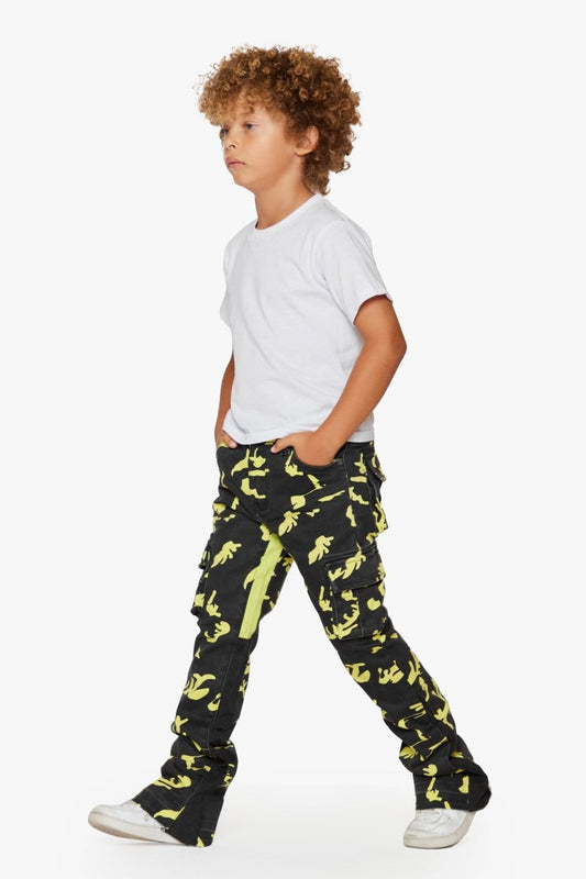 KIDS "COMMANDER" DENIM STACKED JEANS NEON SHADOW - Valabasas