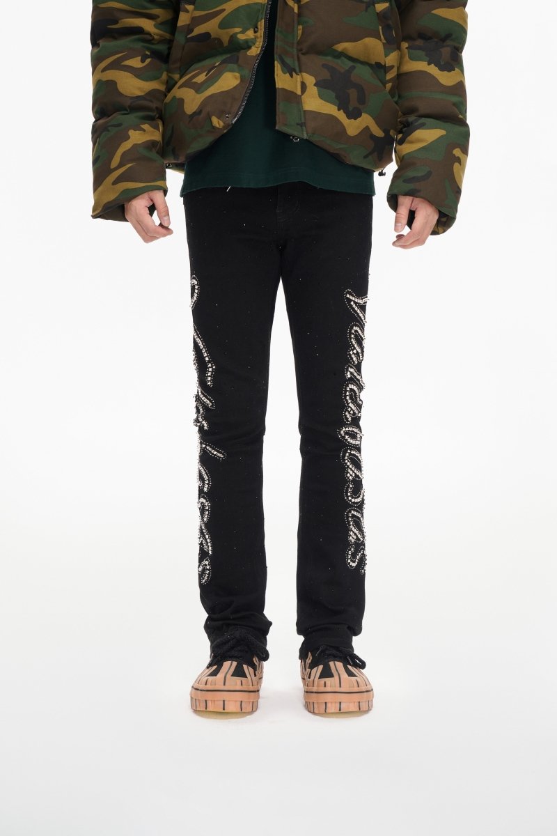 Lattice Black Stacked Flare Jean - Valabasas