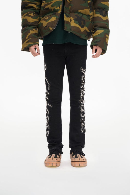 Lattice Black Stacked Flare Jean - Valabasas