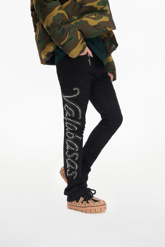 Lattice Black Stacked Flare Jean - Valabasas