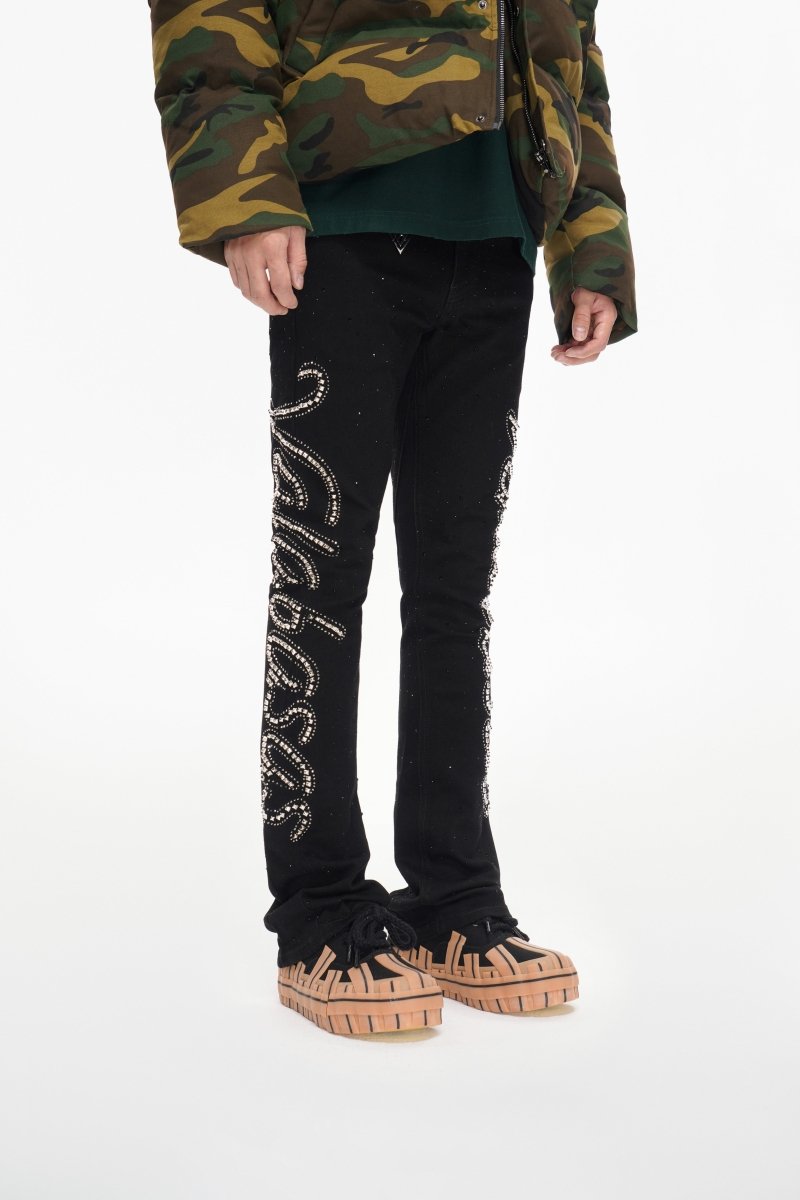 Lattice Black Stacked Flare Jean - Valabasas