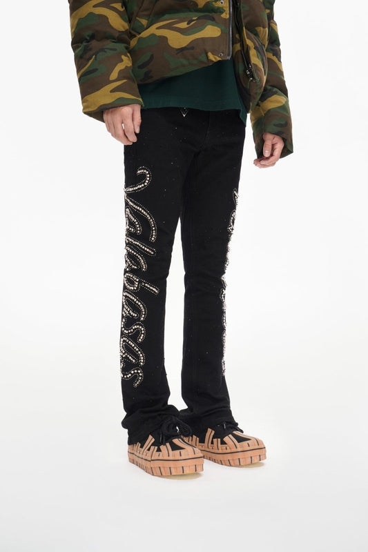 Lattice Black Stacked Flare Jean - Valabasas