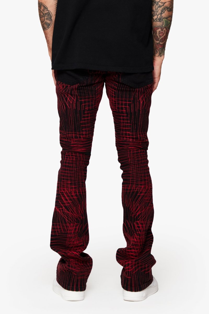 "MR. EMBROIDERY" STACKED FLARE JEAN CRIMSON NOIR - Valabasas