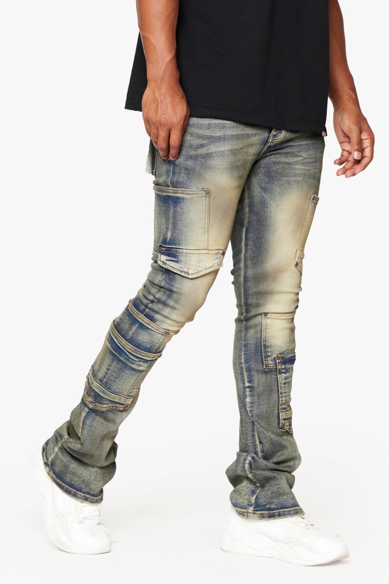 "POCROS" DIRTY VINTAGE WASH SUPER STACKED FLARE JEAN