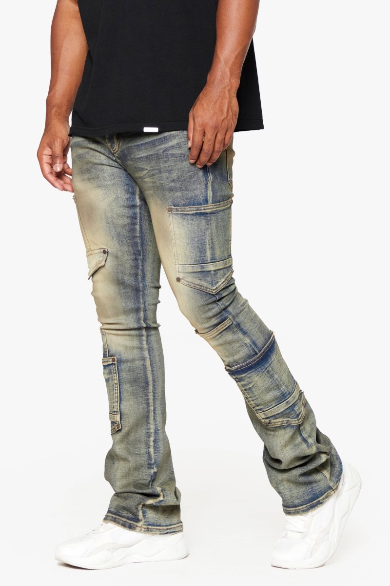 "POCROS" DIRTY VINTAGE WASH SUPER STACKED FLARE JEAN
