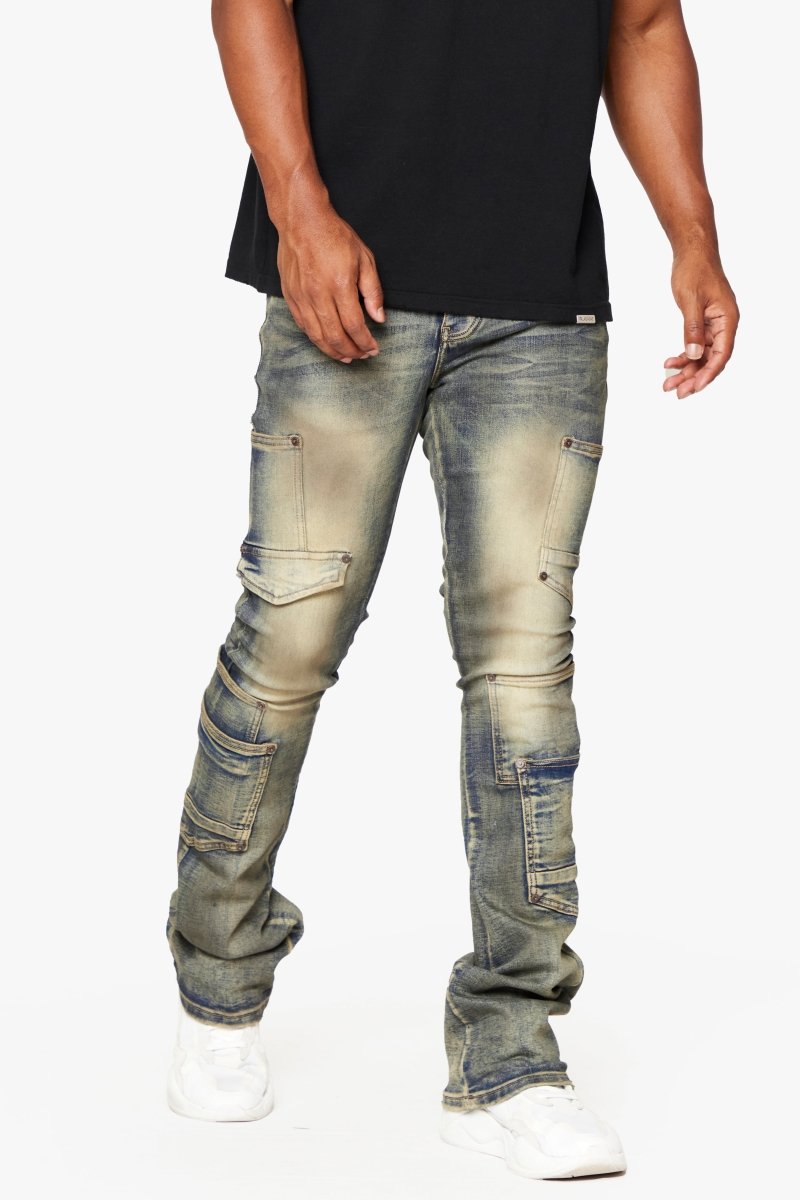 "POCROS" DIRTY VINTAGE WASH SUPER STACKED FLARE JEAN