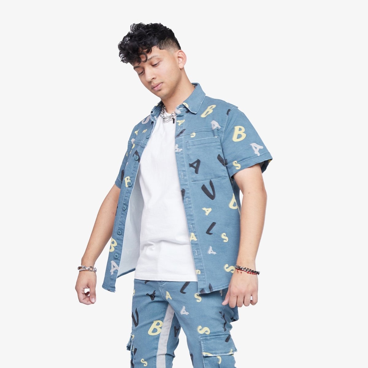 "PUZZLE" SKY BLUE V CAMO BUTTON DOWN