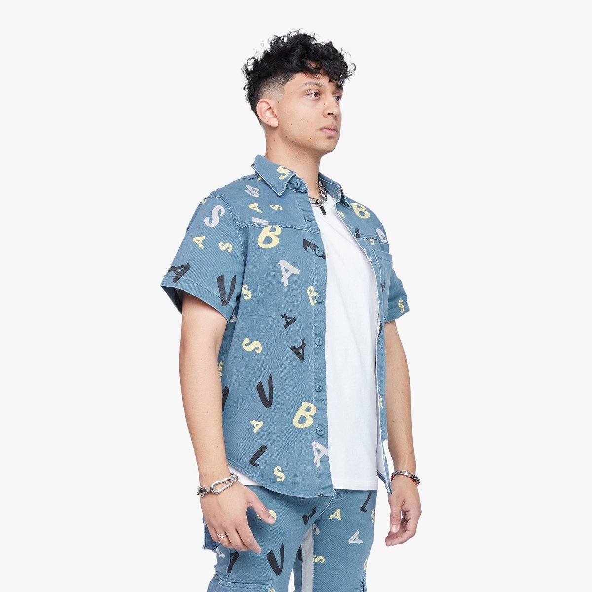 "PUZZLE" SKY BLUE V CAMO BUTTON DOWN