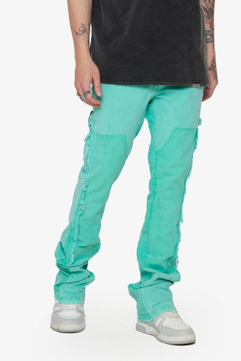 “REVIVAL" LT. GREEN WASH STACKED FLARE JEAN