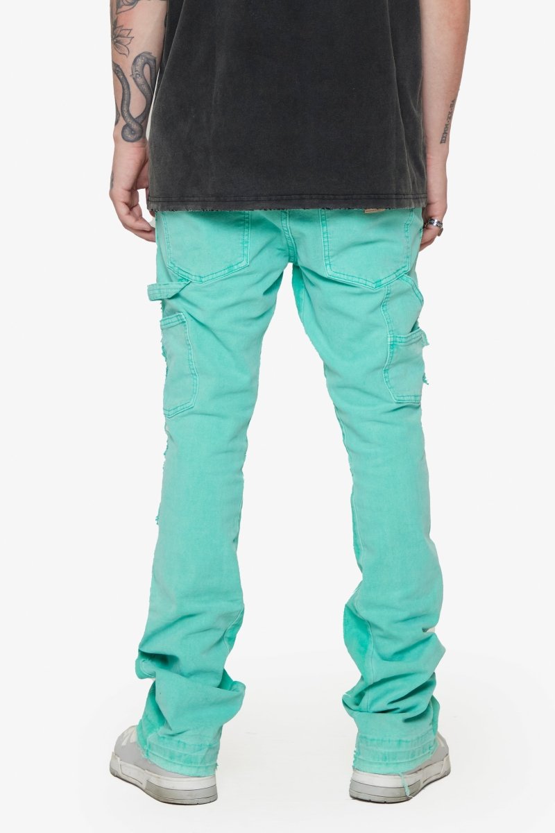 “REVIVAL" LT. GREEN WASH STACKED FLARE JEAN