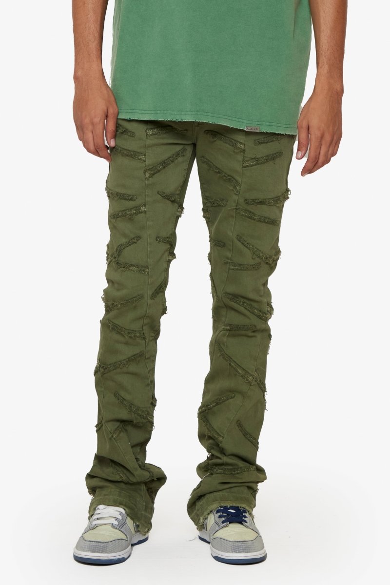 “SABER” OLIVE WASHED STACKED FLARE JEAN