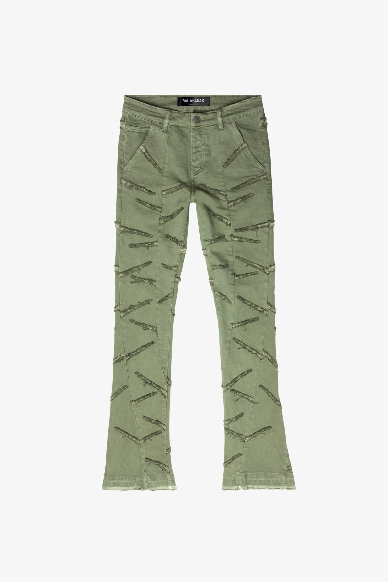 “SABER” STACKED FLARE JEAN OLIVE WASHED - Valabasas