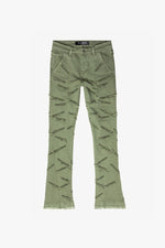 “SABER” STACKED FLARE JEAN OLIVE WASHED