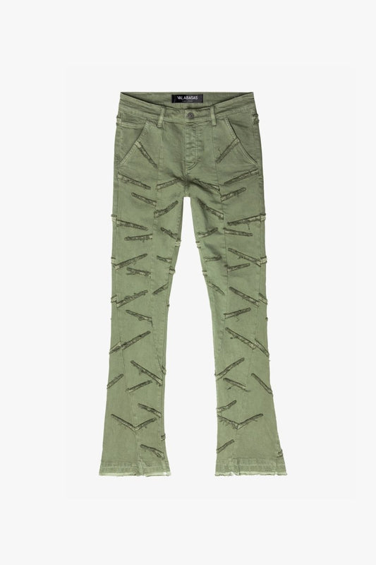“SABER” STACKED FLARE JEAN OLIVE WASHED - Valabasas