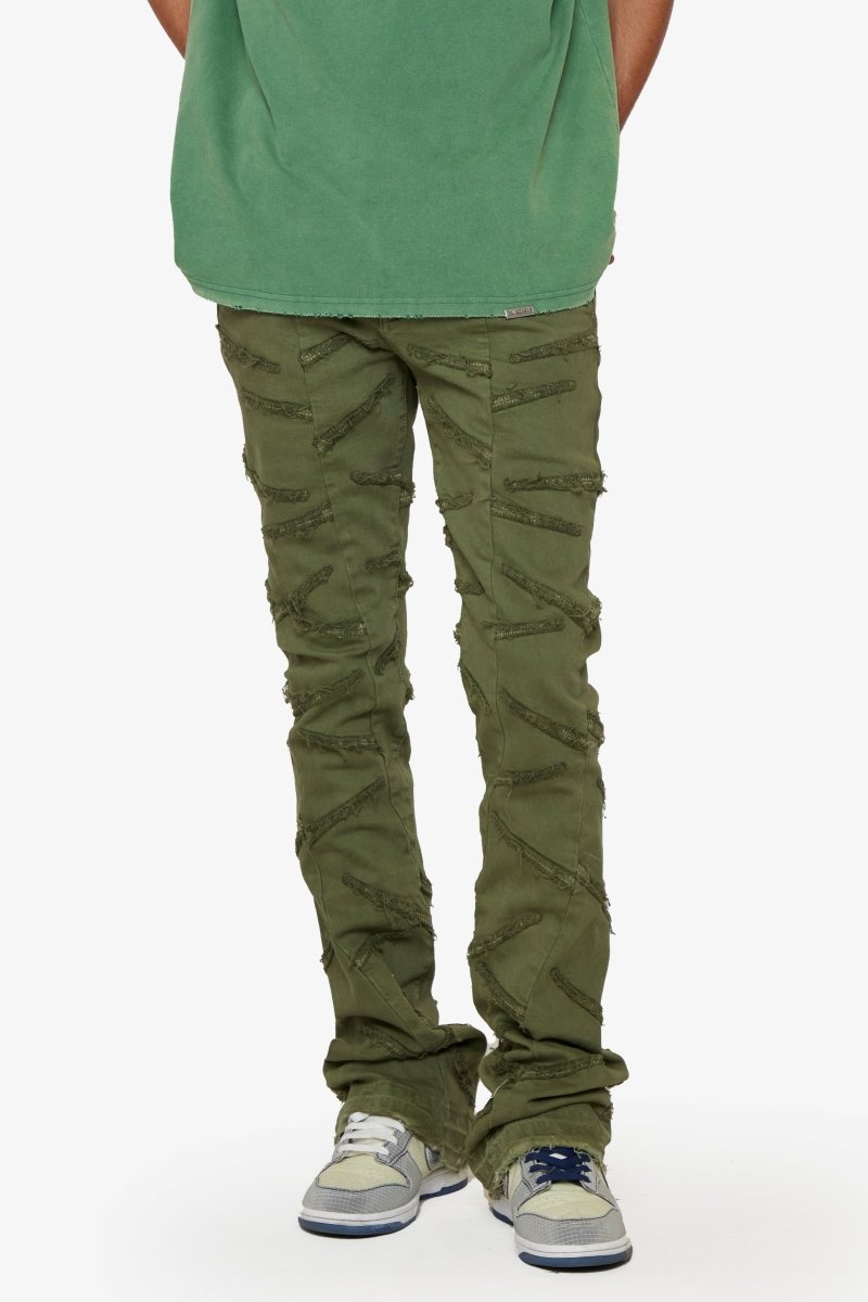 SABER” STACKED FLARE JEAN OLIVE WASHED – Valabasas