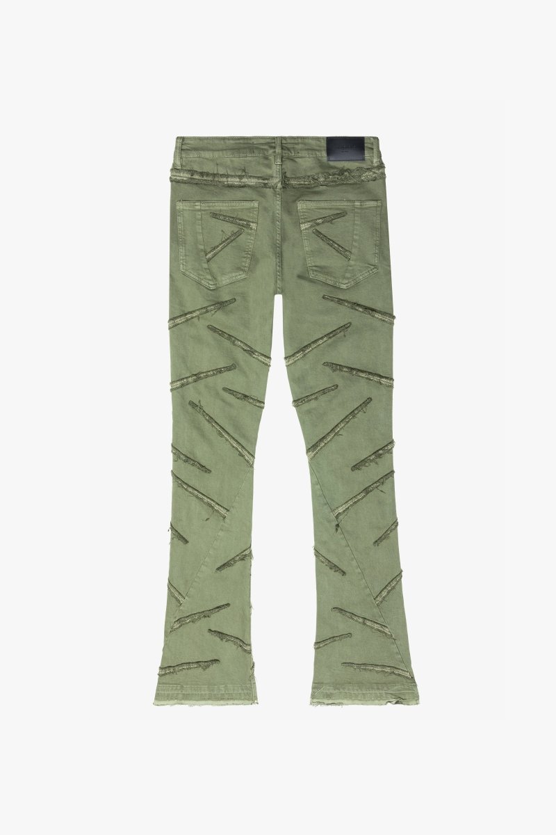 SABER” STACKED FLARE JEAN OLIVE WASHED – Valabasas