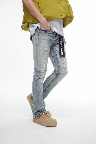 VALABASAS ダメージブーツカットデニムdrip Sabotage Blue Washed Stacked – Valabasas